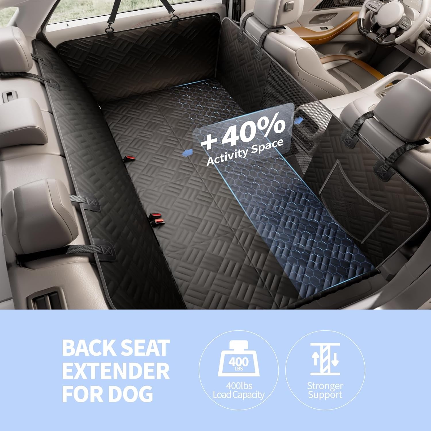 Dog Car Seat Cover for Back Seat, Hard Bottom Back Seat Extender for Dogs, Holds 400Lbs, 600D Heavy Duty Scratch-Proof Waterproof Dog Hammock for Car, SUV