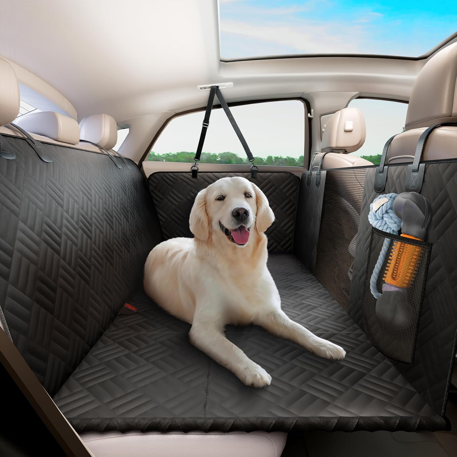 Dog Car Seat Cover for Back Seat, Hard Bottom Back Seat Extender for Dogs, Holds 400Lbs, 600D Heavy Duty Scratch-Proof Waterproof Dog Hammock for Car, SUV